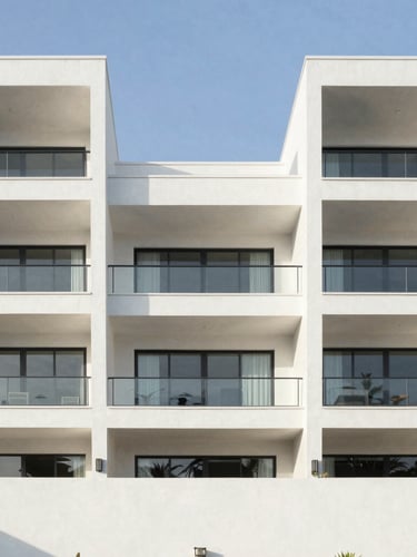 Bright architectural photography, crisp morning daylight, clean symmetrical lines of a modern residential facade in Rosarito, high-exposure natural tones, professional wide-angle lens.