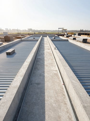 High-angle shot of a modern concrete and steel construction site under bright morning sun, clean lines, organized materials