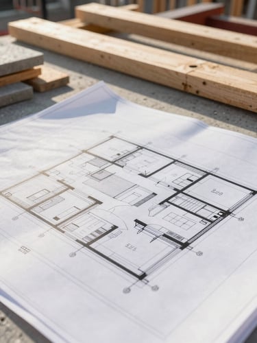 Crisp morning daylight, detailed close-up of architectural blueprints alongside raw timber and concrete materials on an organized construction site under supervision.