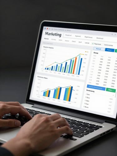 Close-up of a laptop screen displaying a marketing analytics dashboard with performance graphs and KPI numbers, hands resting on keyboard, clean studio lighting from the left, dark background, sharp focus on the data