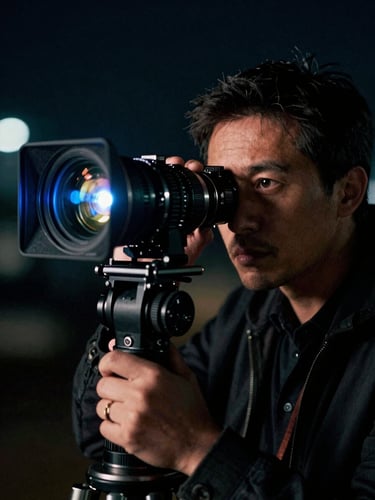 Dramatic low-key portrait of a film director looking through a high-end anamorphic camera viewfinder on a night set, rich blue lens flares, deep shadows, cinematic film photography, 35mm anamorphic lens.