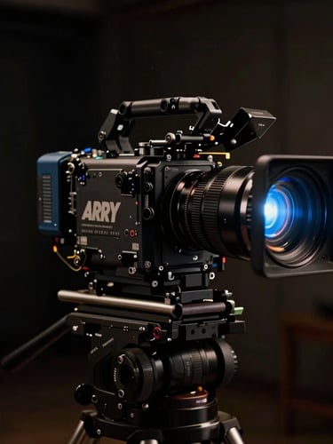 Dramatic low-key cinematic shot of a high-end Arri camera rig on a film set, anamorphic blue lens flare, deep shadows, 35mm film style