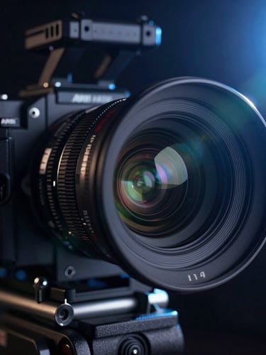 Extreme close-up of an Arri Alexa camera rig with anamorphic lens, dramatic low-key studio lighting, blue lens flare, deep shadows