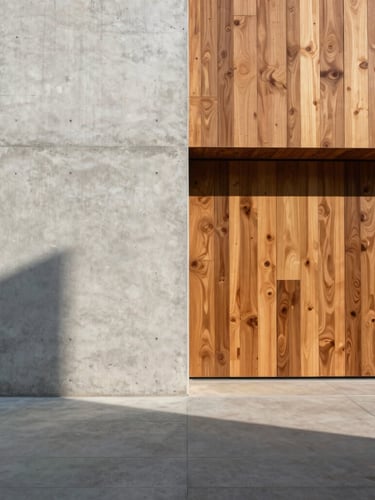 Straight-on, one-point perspective of a minimalist concrete facade intersecting with warm cedar panels under sharp, directional afternoon daylight, creating geometric shadows.