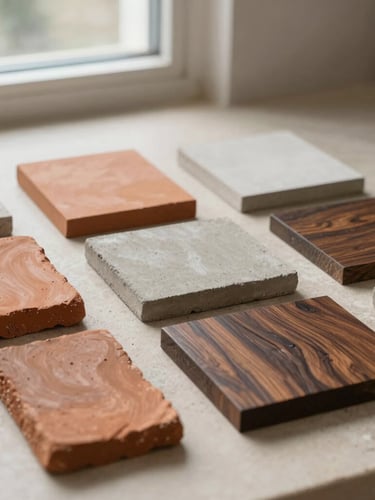 Strict profile shot of physical material samples—terracotta, raw concrete, and dark oak—arranged neatly on a neutral stone surface under natural window light.