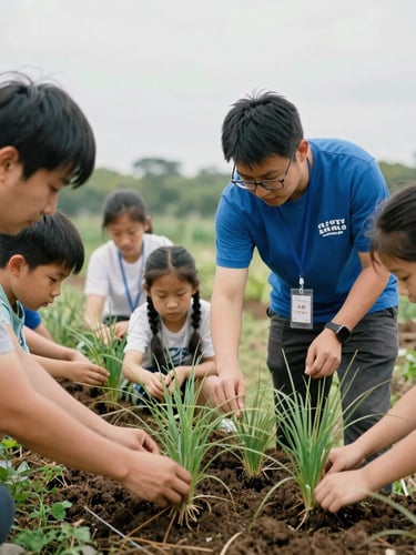 Candid medium shot of a volunteer instructor showing a group of attentive local families how to plant native wetland grasses on an overcast day.