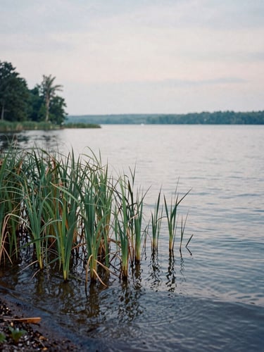 Candid documentary shot of a quiet Ohio lake shoreline at overcast dawn, native reeds in foreground, soft water ripples, authentic 35mm film texture.