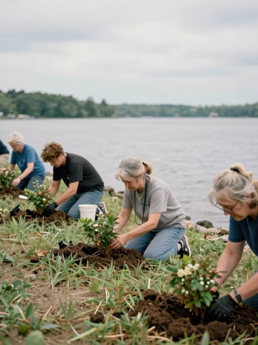 Candid documentary shot of volunteers of diverse ages planting native shrubs along a grassy lake shoreline under overcast Ohio daylight, rich earthy tones, shallow depth of field