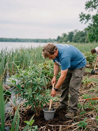 Candid documentary photograph of a volunteer planting native wetland shrubs along an Ohio lake shoreline, natural overcast daylight, rich earthy greens, authentic 35mm film texture, shallow depth of field