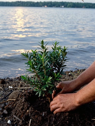 A close-up shot of hands planting a native green shrub into wet soil beside a calm Ohio lake, soft golden hour sun reflecting on the water ripples, candid documentary style.