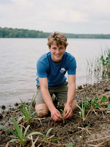 Candid documentary shot of a young volunteer smiling while placing native wetland plants into the muddy shore of an Ohio lake, overcast daylight, authentic 35mm film texture