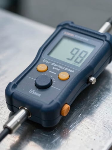 Macro close-up of a digital ultrasonic thickness gauge on a steel plate, cool metallic reflections, professional safety gear visible, 35mm