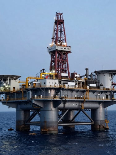 Wide environmental shot of an offshore oil platform at dusk, cool metallic steel gray tones, deep blue ocean, professional scale, 35mm