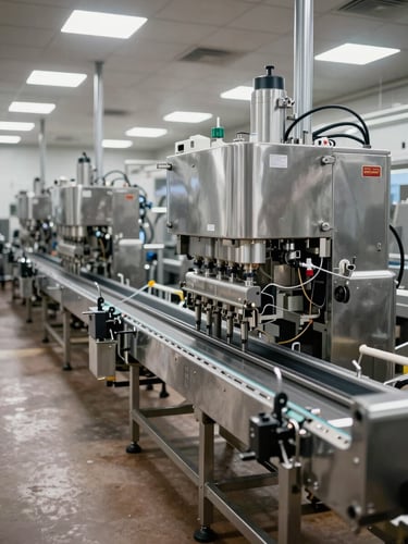 Wide shot of a large food manufacturing production line, stainless steel conveyors and filling equipment under bright industrial overhead lighting, clean floor and precision machinery in sharp focus