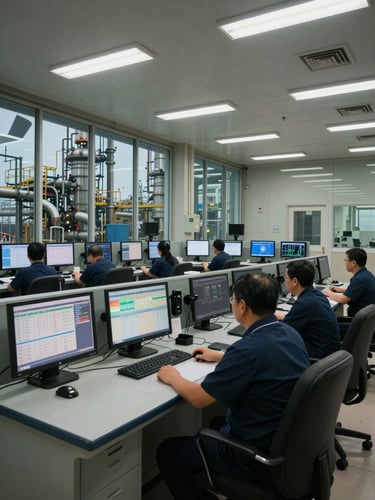 Wide-angle view from inside an oil refinery control room, banks of monitors displaying process data under cool fluorescent light, operator workstations in the foreground, industrial pipes visible through the glass panel beyond