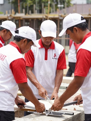 Professional documentary photography of disciplined Indonesian community members in clean red and white uniforms working together on a construction project, bright daylight, 35mm lens