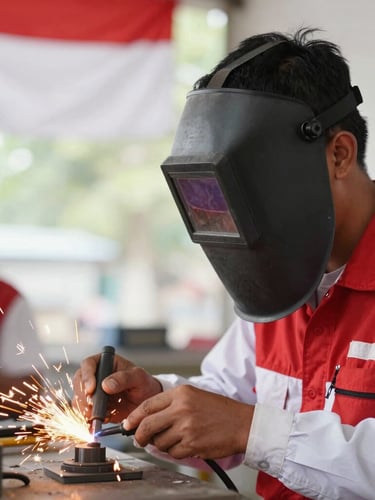 Close-up of a young Indonesian man in a protective welding mask working in a bright vocational workshop, sparks flying, focused expression, professional documentary photography