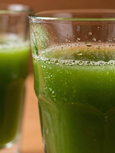 Macro close-up of condensation on elegant hand-blown glassware filled with vibrant green juice, dramatic side daylight, rich deep shadows, shallow depth of field