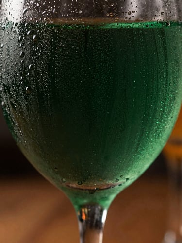 Macro close-up of condensation on elegant glassware, dramatic side daylight, rich deep greens, warm orange tones, shallow depth of field