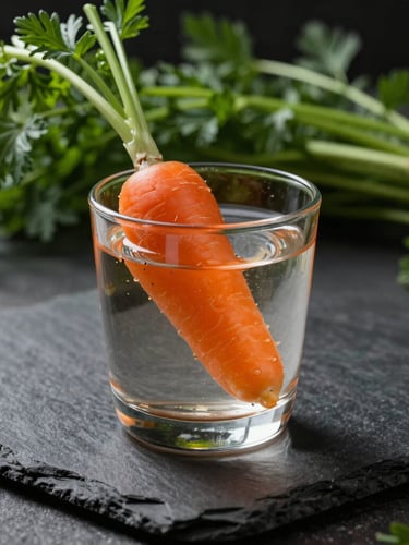 A single hand-blown glass containing a vibrant orange carrot-ginger botanical pairing, placed on a dark slate surface, dramatic side daylight.