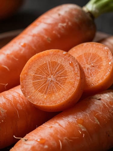 Macro close-up of heirloom carrots and raw ginger root sliced to show internal geometric patterns, low-key lighting, deep shadows, terracotta tones
