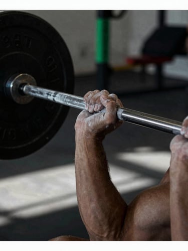 Raw athletic photography, close-up of chalked hands gripping a heavy steel barbell, high-contrast natural gym light, deep shadows, 35mm