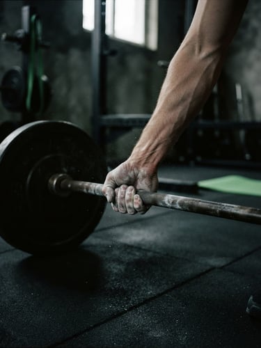 Raw athletic photography of chalked hands gripping a heavy barbell in a dark, high-contrast gym, deep shadows, 35mm