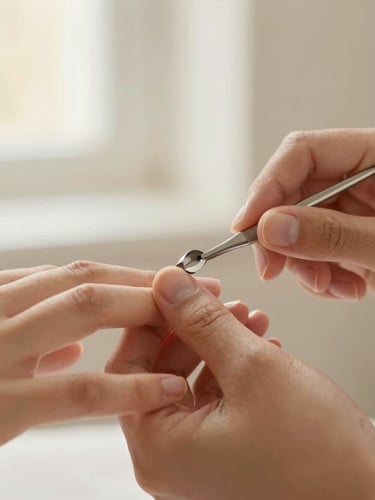Close-up of hands receiving a manicure, focus on clean tools and gentle touch, soft diffused window light, cream and golden tones, shallow depth of field, 35mm
