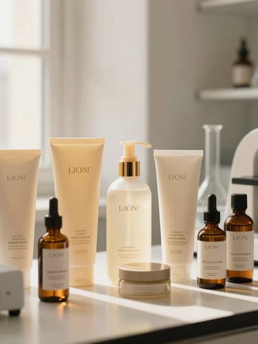 Portrait shot of a minimalist laboratory setting with hair care products, focus on scientific instruments and elegant packaging, soft golden light.