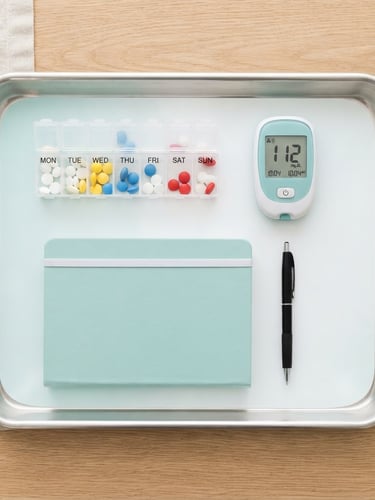 Overhead shot of a clean, organized medical tray with a pill organizer, a small medical device, and a neatly stacked health journal, bright soft daylight, crisp white and pale teal tones, sharp focus, 50mm