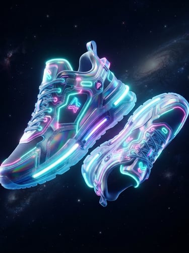 3d render of futuristic holographic sneakers floating in zero-gravity, vibrant neon rim lighting, deep cosmic black background, dynamic off-axis angle