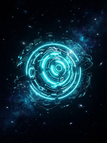 3d render of a glowing futuristic AI core orb floating in deep cosmic black space, vibrant neon cyan rim lighting, high contrast, holographic UI elements surrounding it