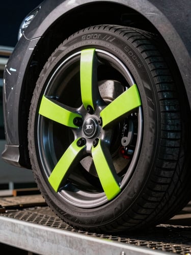 Close-up of secure neon green wheel straps locking a sports car tire onto a flatbed tow truck, high-contrast night lighting