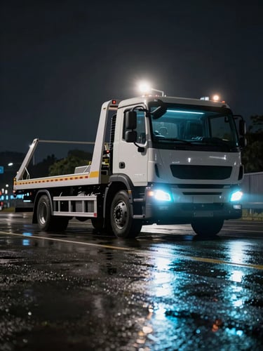 Dynamic low-angle wide shot of a modern flatbed tow truck arriving at night, wet asphalt reflecting electric cyan headlight glows, dramatic backlighting, high-contrast cyber-utility aesthetic.