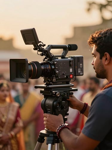 A professional cinematographer behind a high-end cinema camera, capturing a golden hour Indian wedding ceremony, warm dramatic backlight, soft focus background