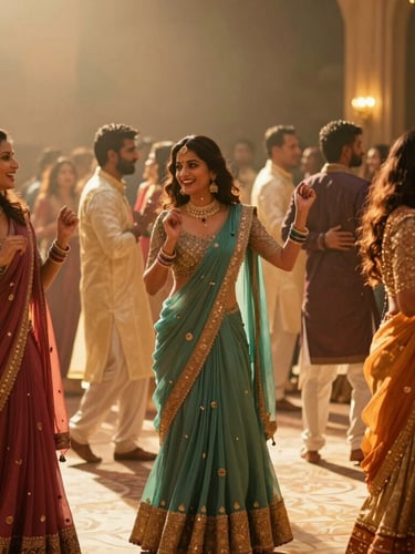 Widescreen cinematic shot of an Indian luxury reception party, guests laughing mid-dance under warm golden uplighting, heavy silks catching the light, shallow depth of field.