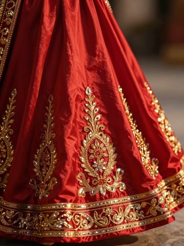 A close-up of heavy crimson silk bridal wear in motion, gold embroidery catching warm cinematic light, shallow depth of field