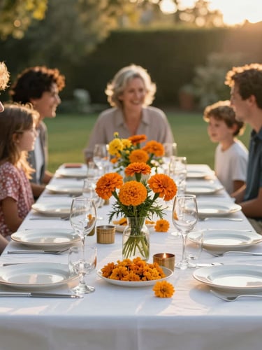 Warm natural light illuminating a beautifully decorated outdoor birthday dinner, elegant table setting with marigolds, family laughing in the background.
