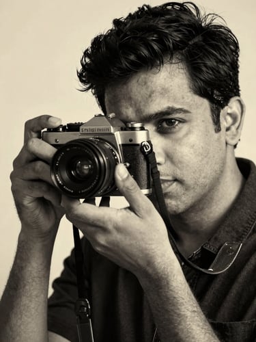 A close-up black and white portrait of an Indian photographer holding a classic camera, dramatic side-lighting, deep warm shadows, elegant composition