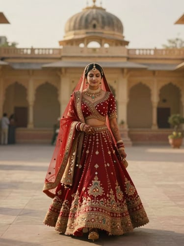 A wide cinematic shot of an Indian bride in a deep red lehenga, heavy silks in motion, walking through a sunlit heritage courtyard in Udaipur, golden hour highlights, shallow depth of field