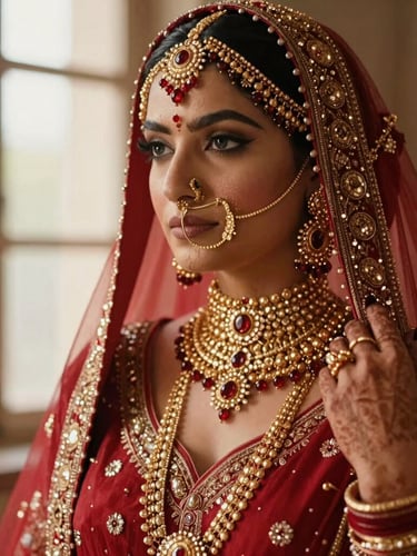 A close-up portrait of an Indian bride in intricate gold jewelry and a heavy red veil, soft natural window light reflecting off her embroidered details, cinematic depth of field