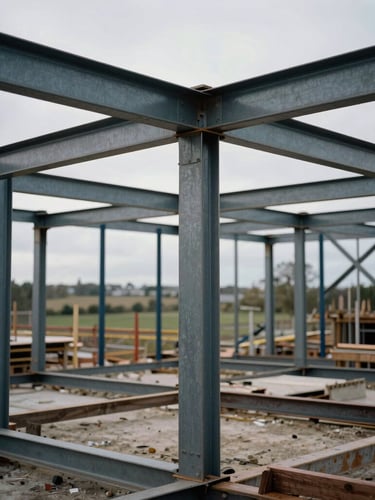 Close-up of structural steel framing on an active construction site, overcast northern English daylight, high contrast, raw industrial texture, landscape framing.