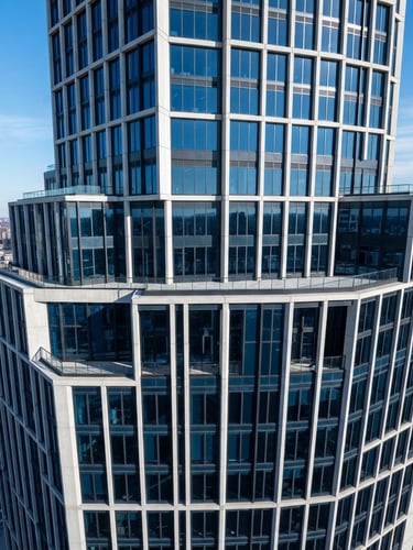 High-angle architectural photography of a modern corporate office building facade, crisp daylight, cool concrete and deep blue tones, technical grid overlay, sharp focus