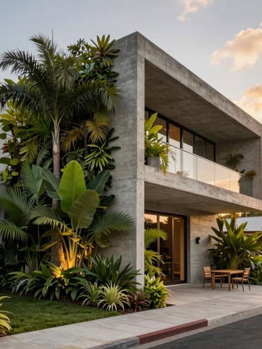 Wide architectural shot of a contemporary concrete residence at sunset, integrated with lush tropical vertical gardens and clean stone joints, warm lighting.