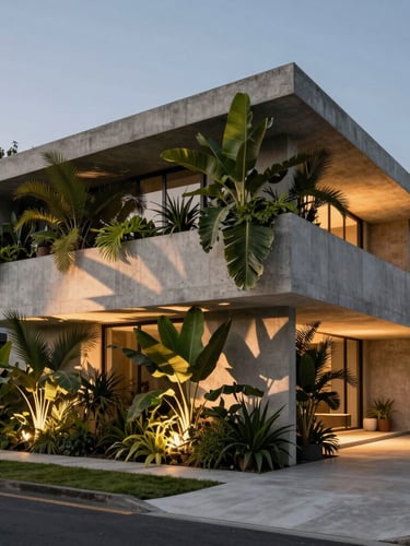 Wide architectural shot of a minimalist concrete residence at twilight, integrated with lush tropical vertical gardens, warm scenic lighting casting long shadows on structural leaves.