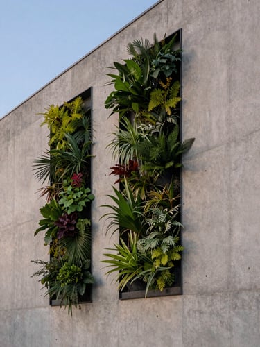 Architectural view of a modern concrete wall with a perfectly installed vertical garden, clean geometric lines, twilight lighting.