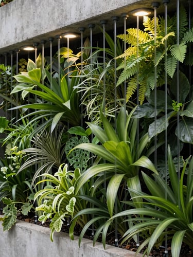 Close-up of a modern vertical garden system integrated into a concrete wall, showing precision irrigation drippers and lush, healthy foliage, architectural lighting