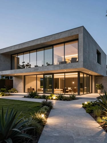 Architectural wide shot of a contemporary concrete and glass residence at twilight, featuring a perfectly executed luxury garden with structural plants, dramatic uplighting, and clean stone pathways.