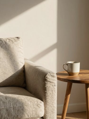 A sun-drenched interior corner showing a linen armchair, soft shadows on a cream wall, and a warm wooden side table with a ceramic mug.