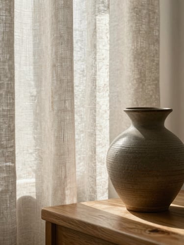 Close-up macro shot of textured linen curtains filtering soft morning light onto a handmade ceramic vase on a light oak table, warm tones.